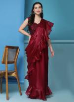 Pure Sattin Red Party Wear Sequins Work Ready To Wear Saree